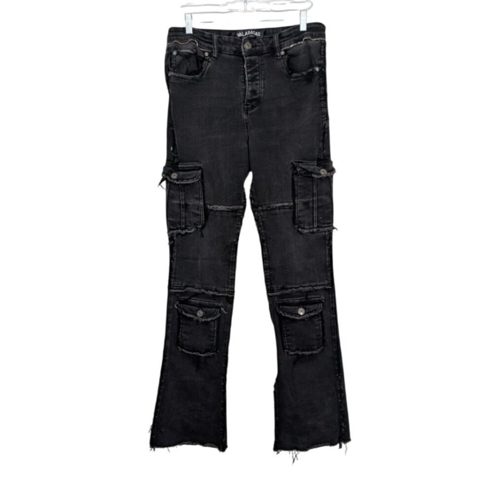 Valabasas Cargo Button Fly Jeans Size 30x34 Black Flare Denim Cotton Stretch